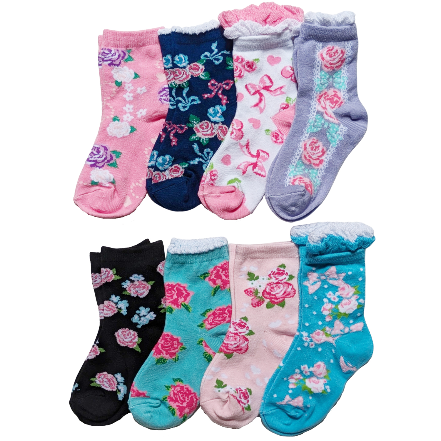 女児　綿混クルーソックス　花柄　【2サイズ展開/ラブリー・リボン・レース】