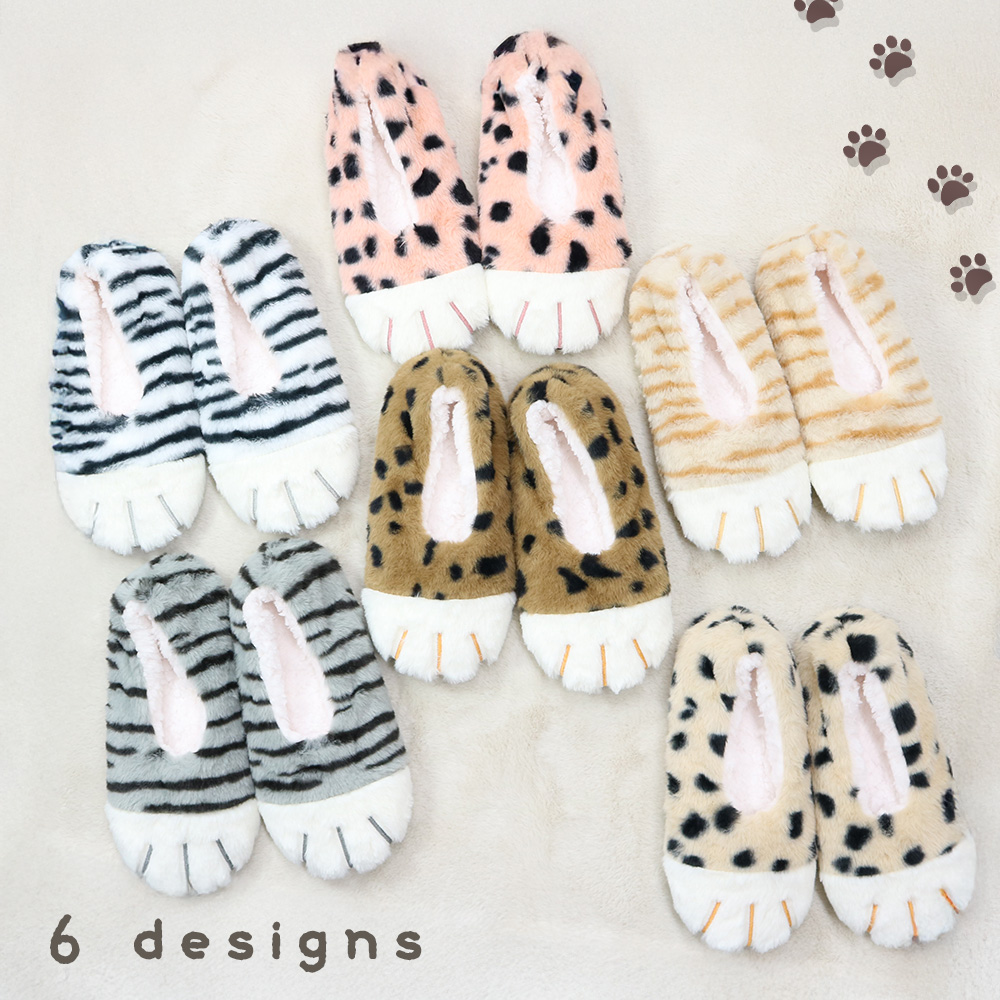 【にゃんとも可愛く暖か☆】 婦人　内側ボアあったかルームシューズ　ねこ足柄/Cアソート/滑り止め付き