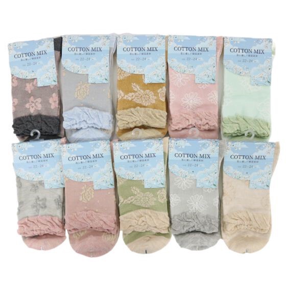 【ふんわりやさしい履き心地☆】 婦人　綿混クルー丈ソックス　フロート花柄/アソートB/26SS