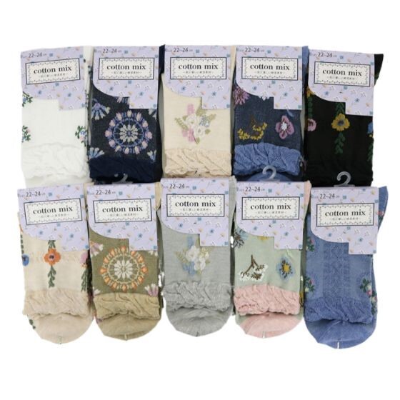 【ふんわりやさしい履き心地☆】 婦人　綿混クルー丈ソックス　多色フロート花柄/アソートC/26SS