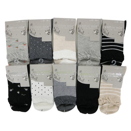 【ふんわりやさしい履き心地☆】 婦人　綿混クルー丈ソックス　モノトーンベーシック柄/アソートE/26SS