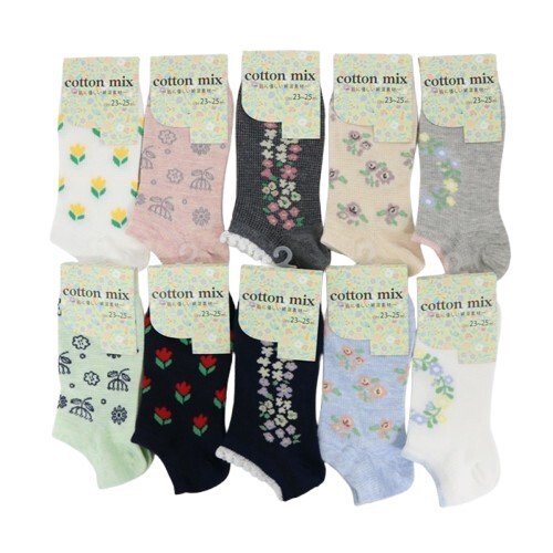 【オシャレに足元コーデ☆】 婦人　綿混ショート丈ソックス　ワッフル花柄/アソートG/26SS