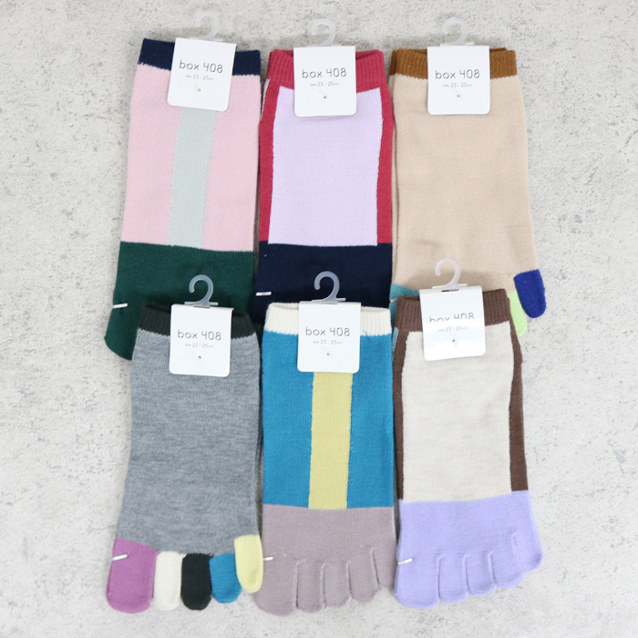 婦人ショート丈5本指ソックス　切替&ライン柄
